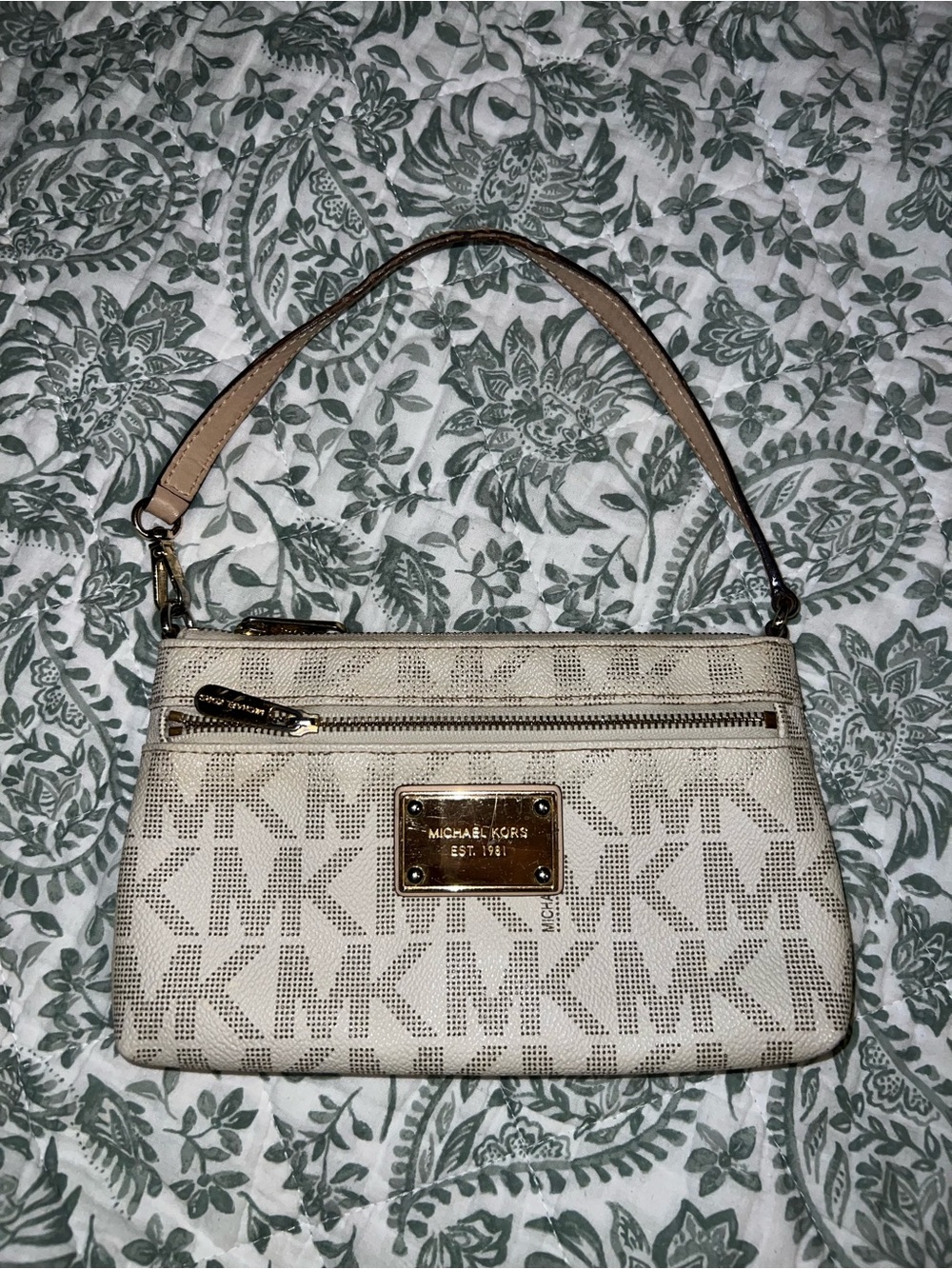 Michael Kors Cream MK Logo Mini Wristlet with Gold Plaque
